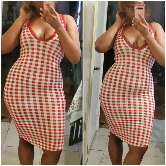 red gingham striped split neck dress