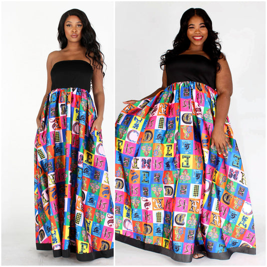 black & multicolor multiprint tube maxi  dress