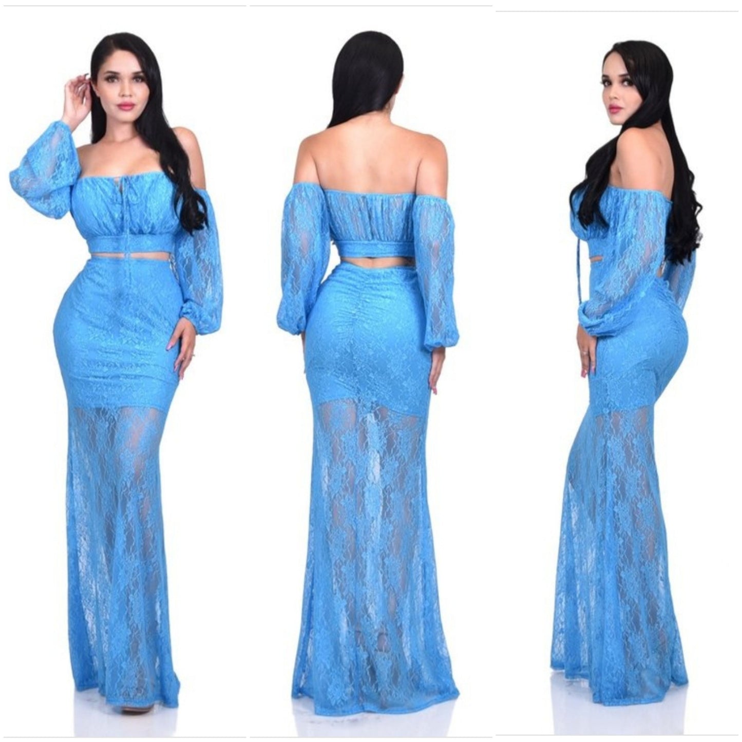 blue 2-piece long skirt & long sleeve cropped top