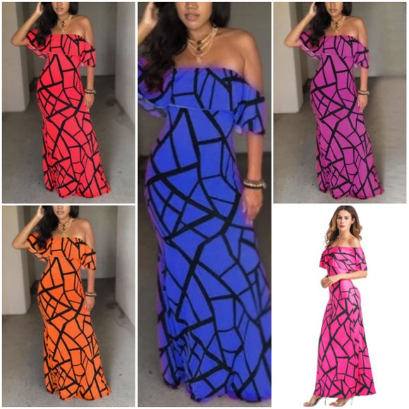 wired geometric off shoulder maxi dress (5 colors) rose red / l