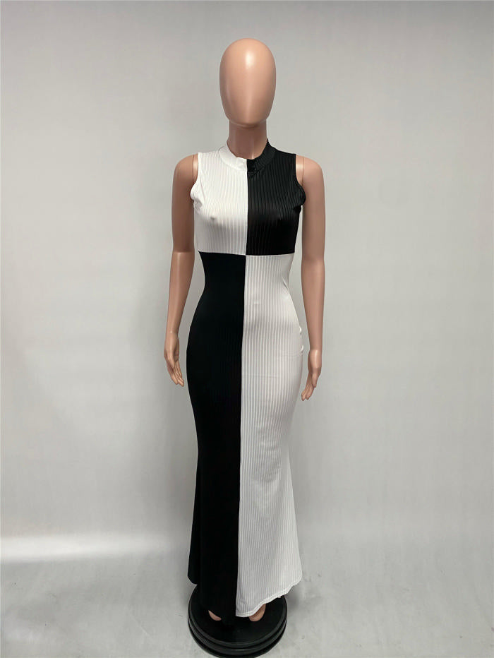 black & white contrast color block maxi dress