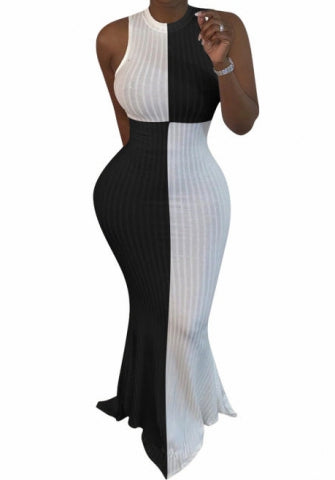 black & white contrast color block maxi dress