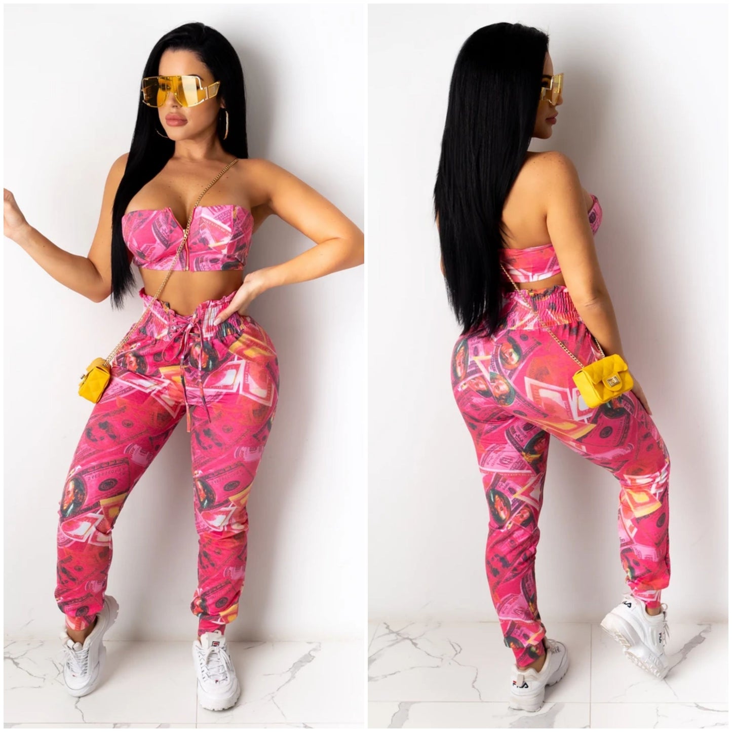 "money money money" usa $100 bill pink cropped top & pants set