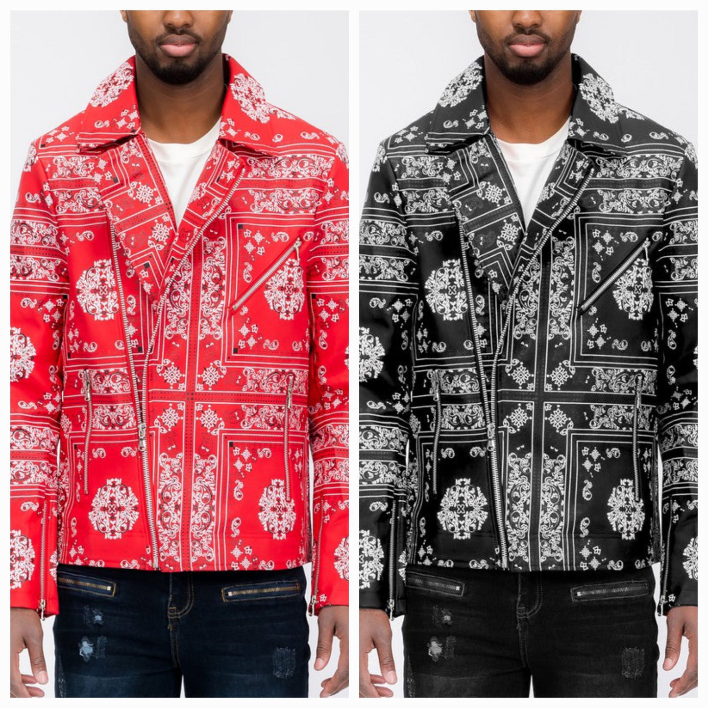 MEN'S BANDANA PRINT FAUX LEATHER JACKET