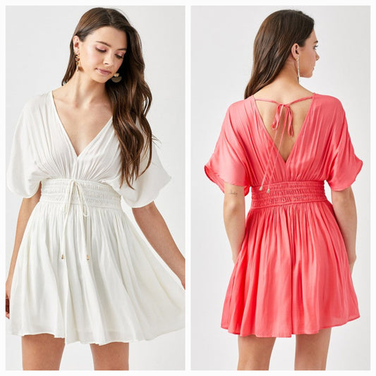 SMOCKED WAIST WITH TASSEL STRAP FLARE DRESS