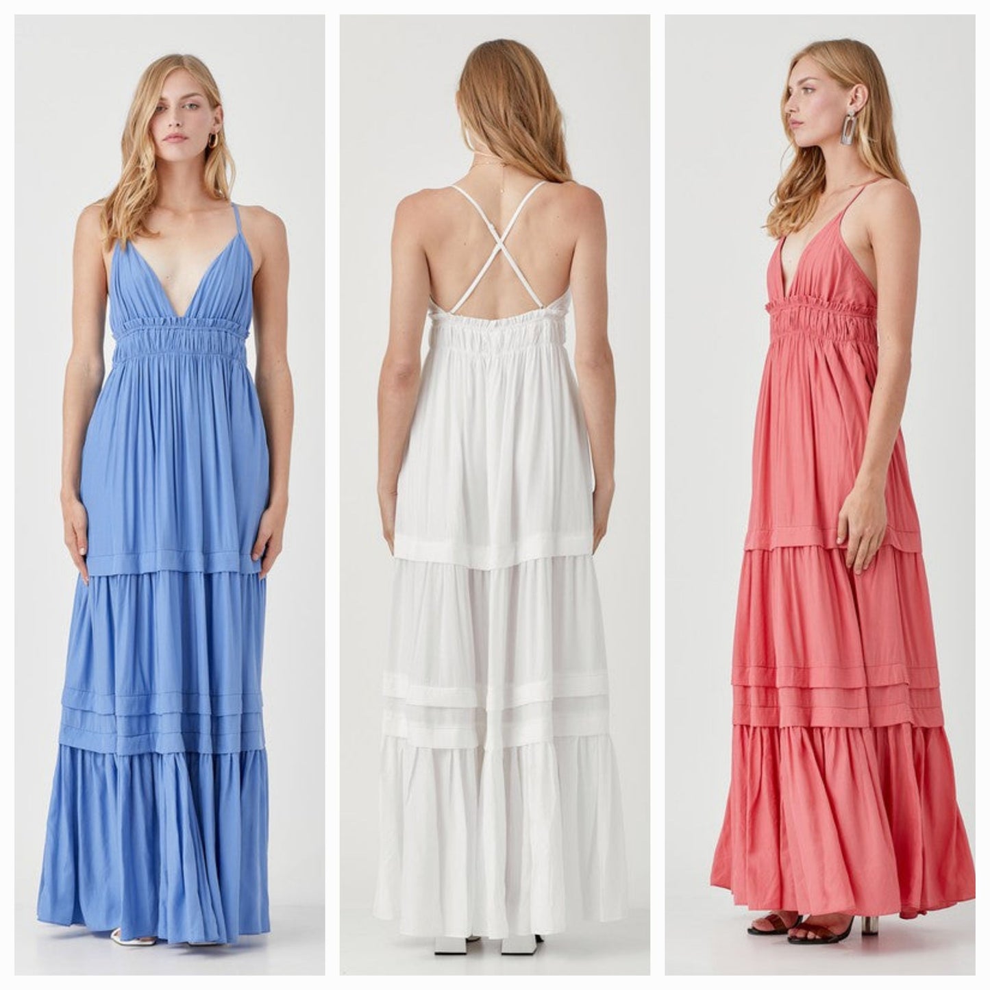 SHIRRED RUFFLE FOLDED DETAIL MAXI DRESS