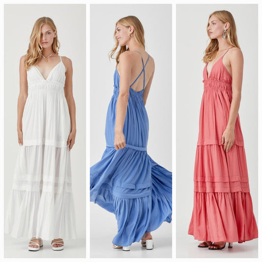 SHIRRED RUFFLE FOLDED DETAIL MAXI DRESS