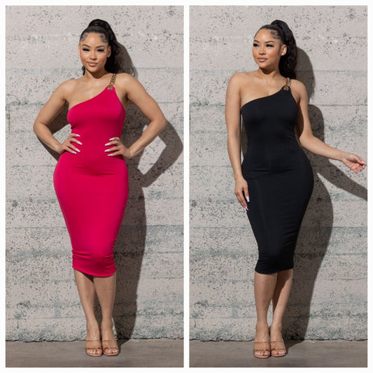 One Shoulder Gold Chained Midi Dress