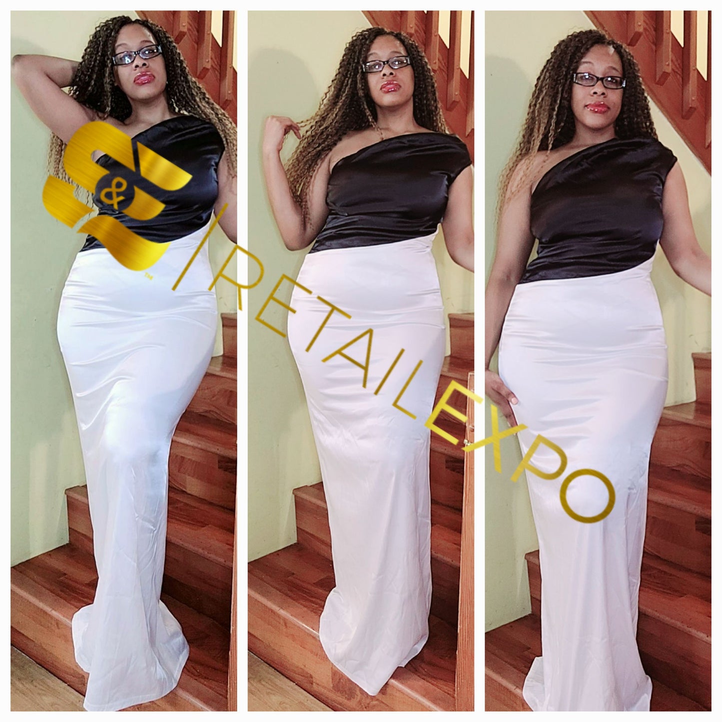 Formal Black & White Satin One Shoulder Maxi Dress