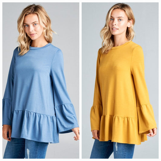 French Terry Ruffled Bottom Long Sleeve Top