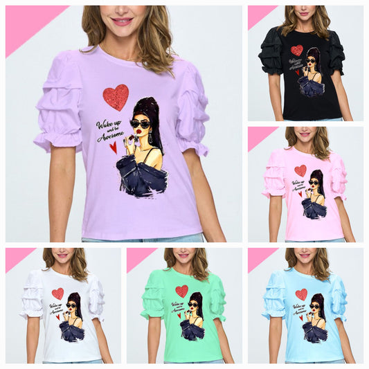 Plus Size "Wake Up and Be Awesome" Word Print Ruffle Detailed Sleeve Top