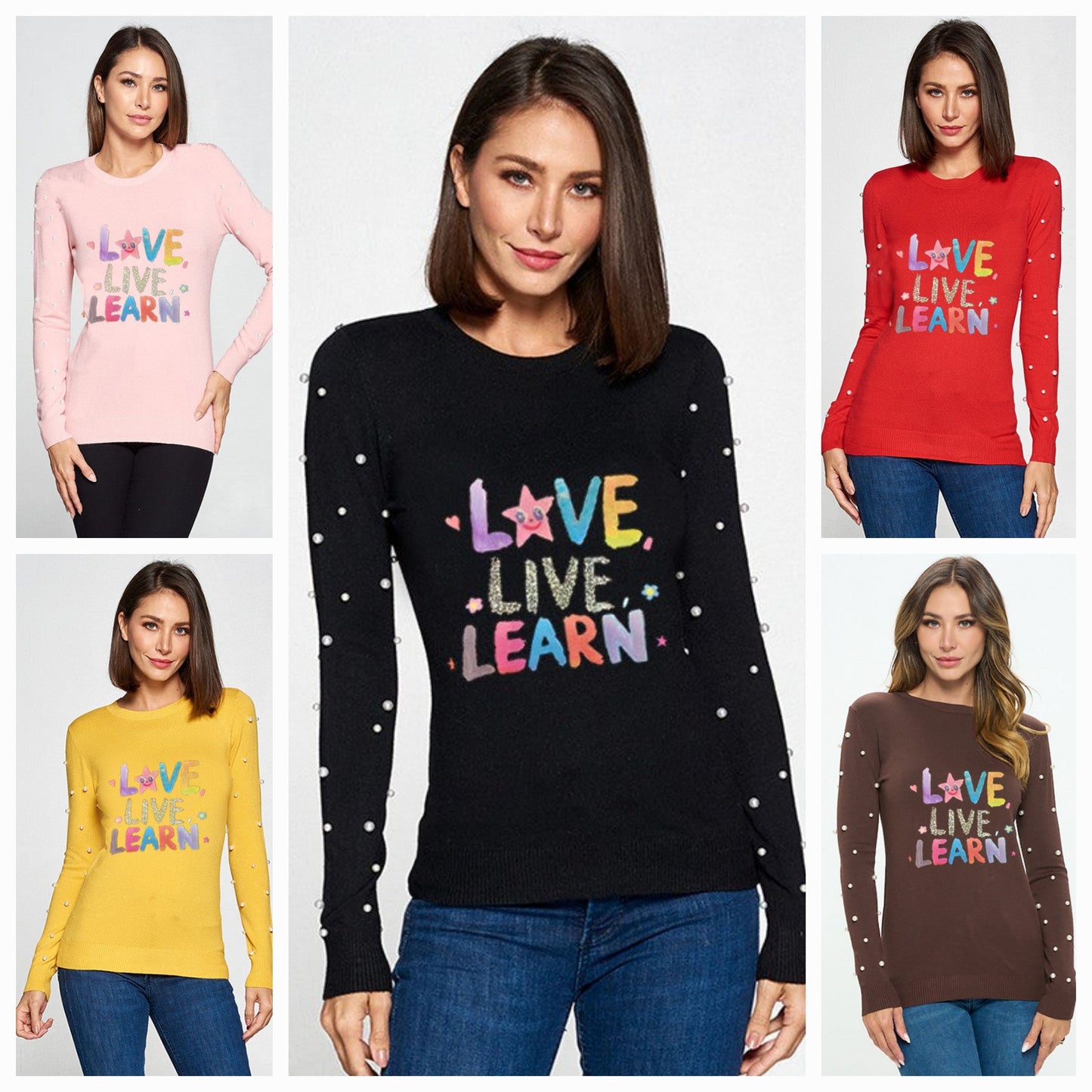"Love Live Learn" Knit Long Sleeve Top with Pearls