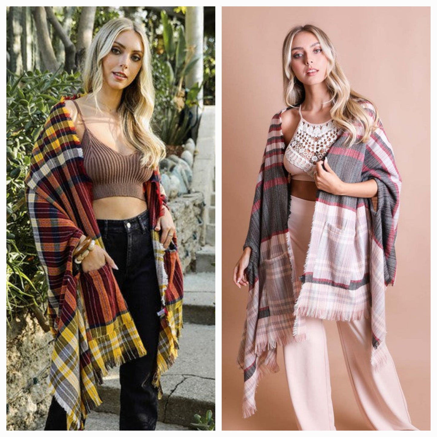 Tartan Check Pocket Frayed Edge Ruana Wrap