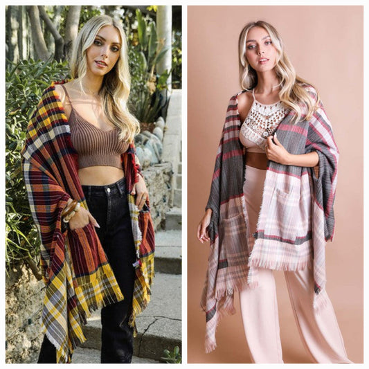 Tartan Check Pocket Frayed Edge Ruana Wrap