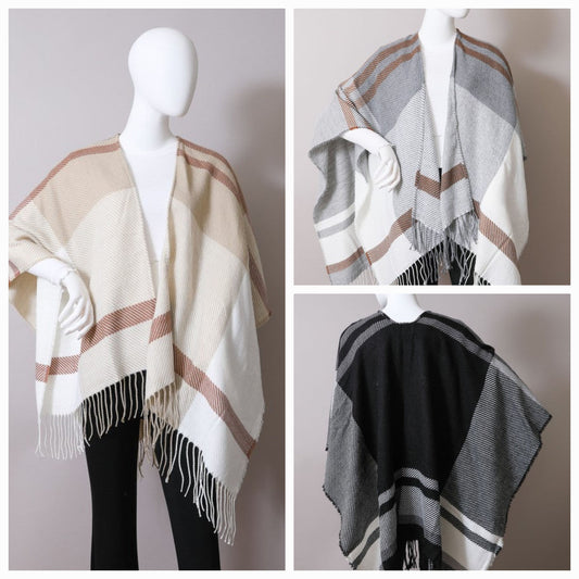 Woven Flannel Tassel Ruana Poncho