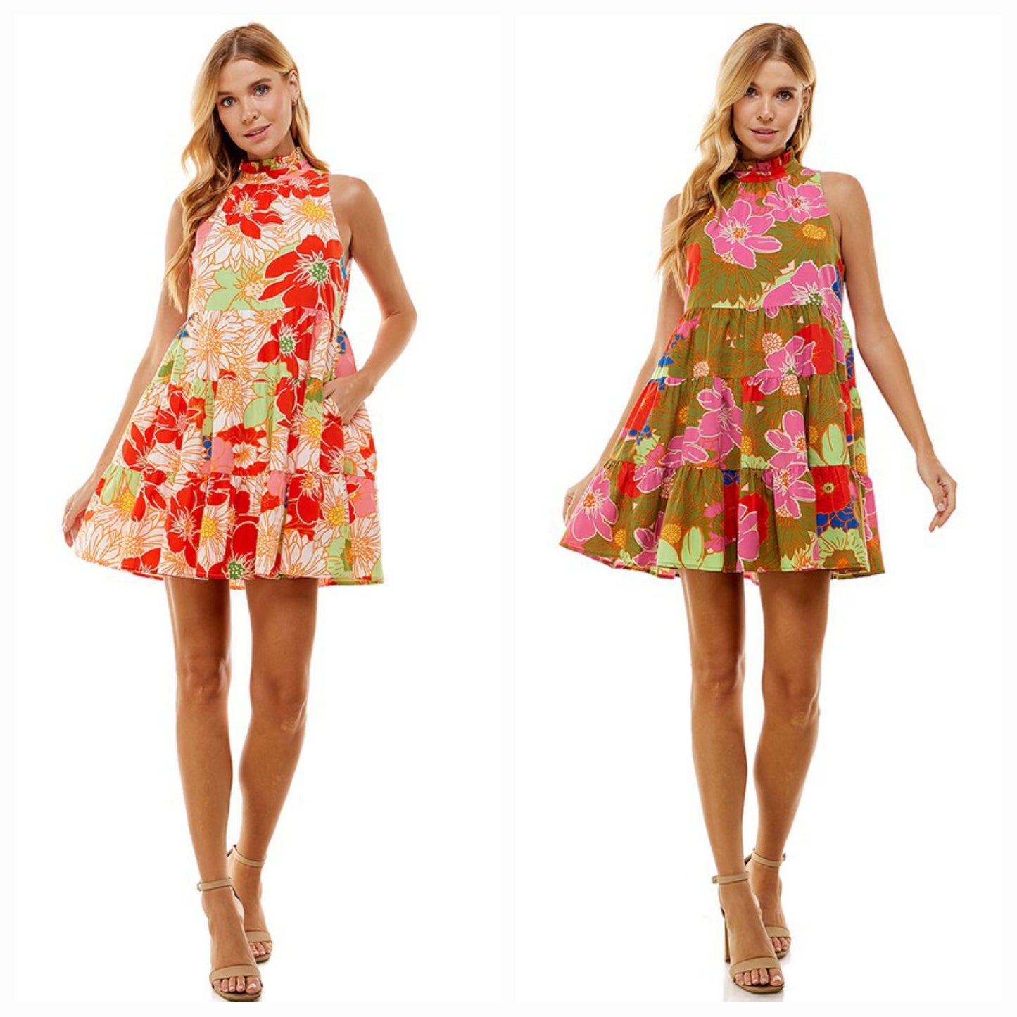 Floral Print High Neck Ruffled Dress