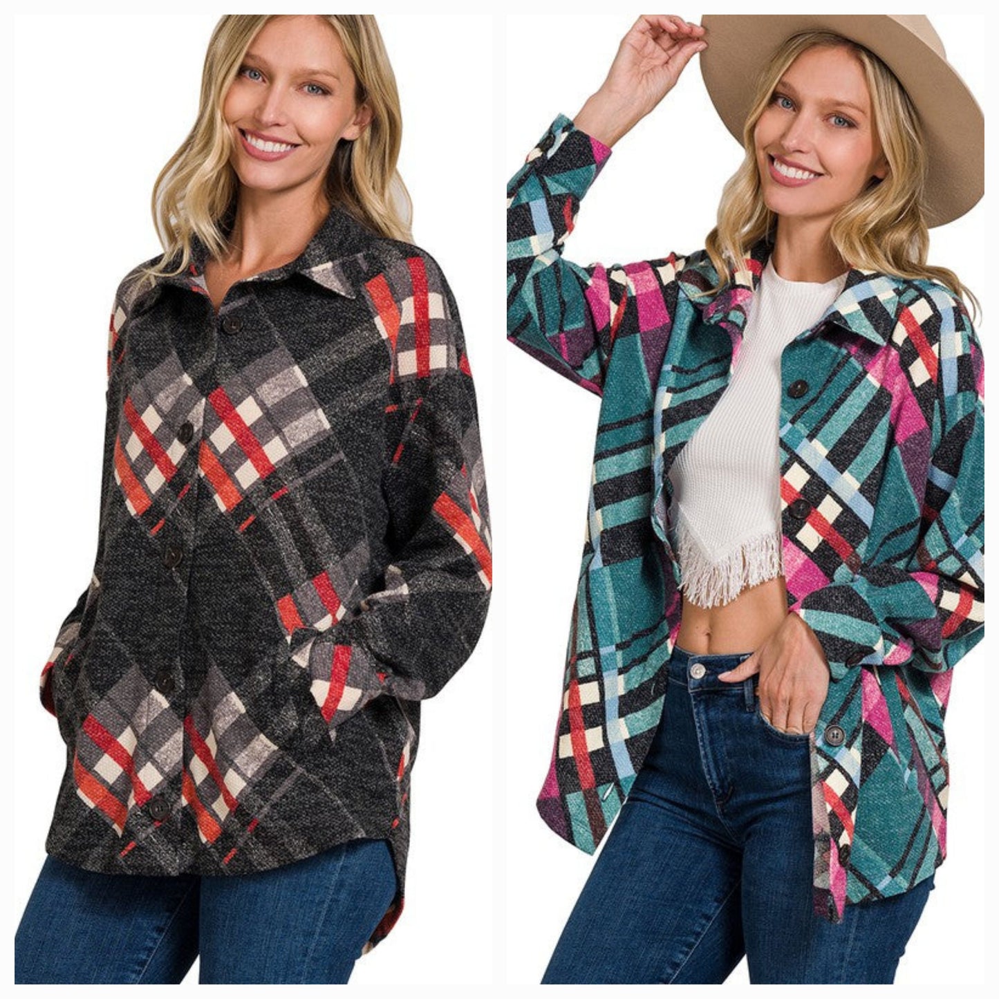 JACQUARD PLAID SHACKET WITH POCKETS