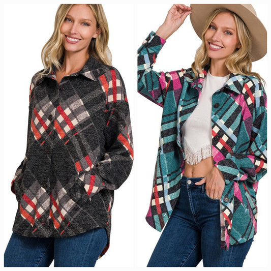 JACQUARD PLAID SHACKET WITH POCKETS