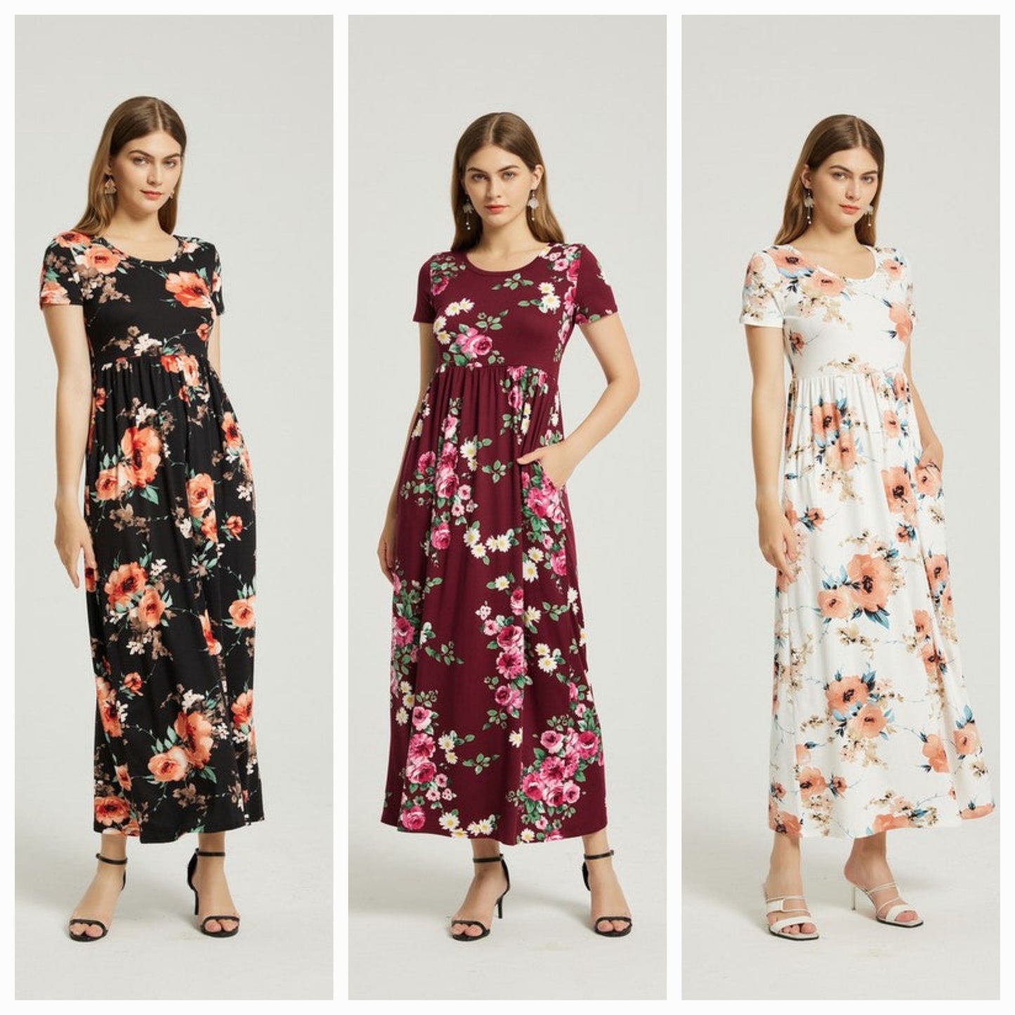 Womens Summer Casual Floral Maxi Dress With Pocket