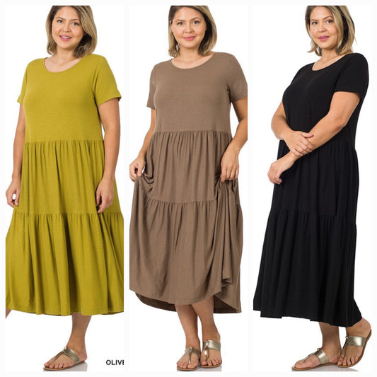 PLUS SIZE SHORT SLEEVE TIERED MIDI DRESS