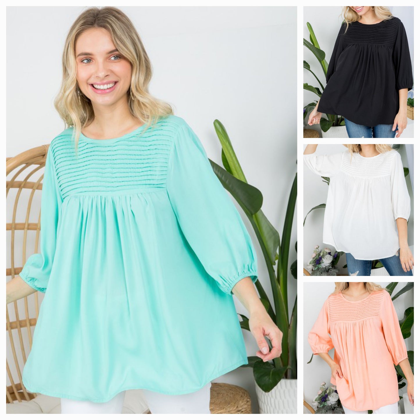 SOLID PINTUCK TUNIC BLOUSES
