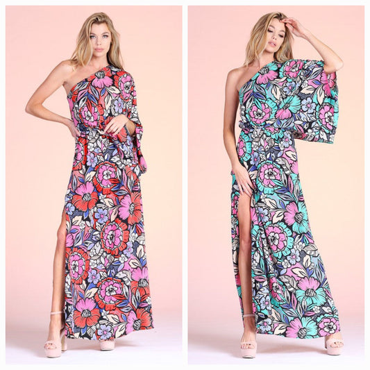 Fantasy Floral Slouchy One Shoulder Maxi Dress