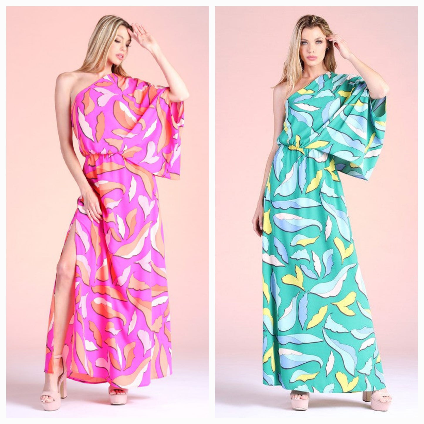 Cartoon Leaf Print Slouchy One Shoulder Maxi Dress