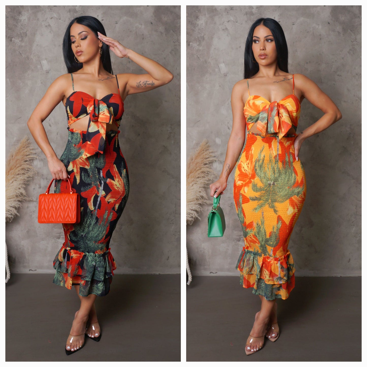 Palm Trees Floral Midi Ruffled Bottom Midi Dress