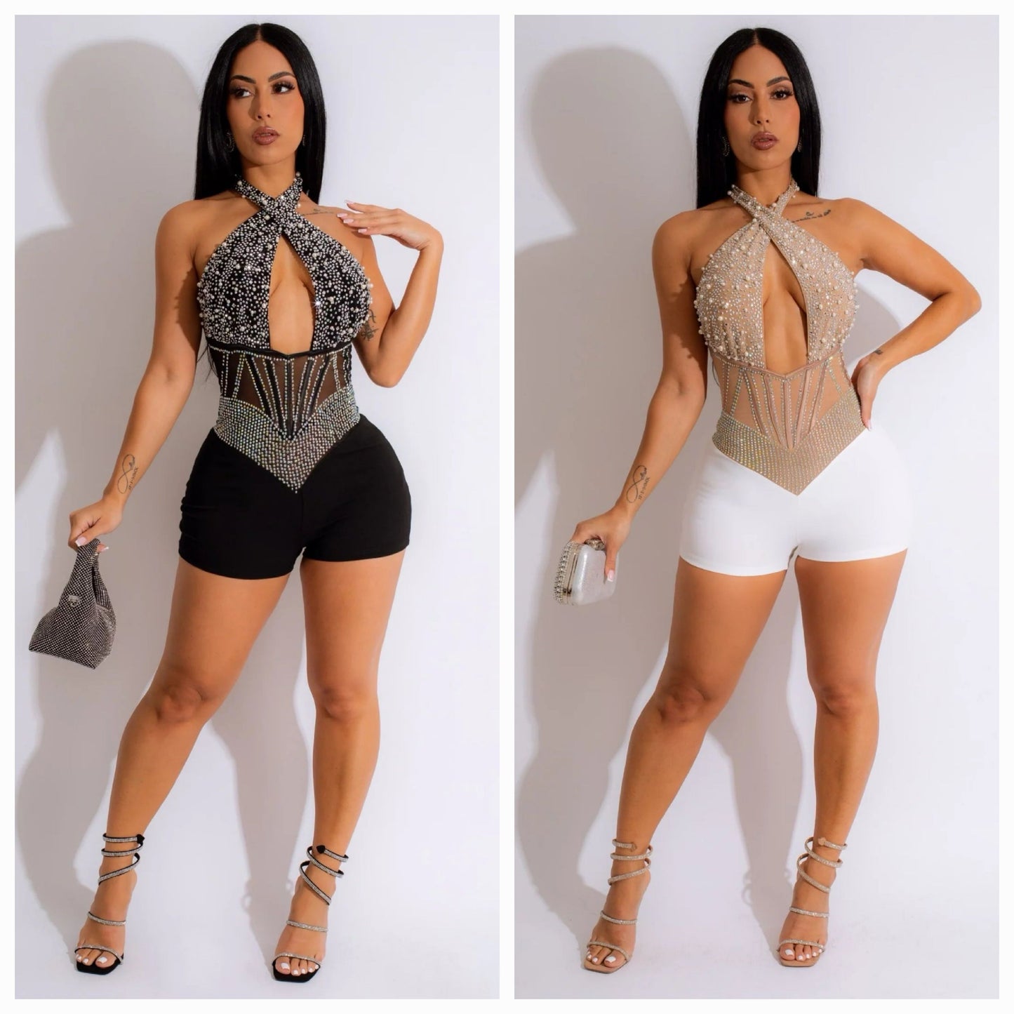 Rhinestone Mesh Romper