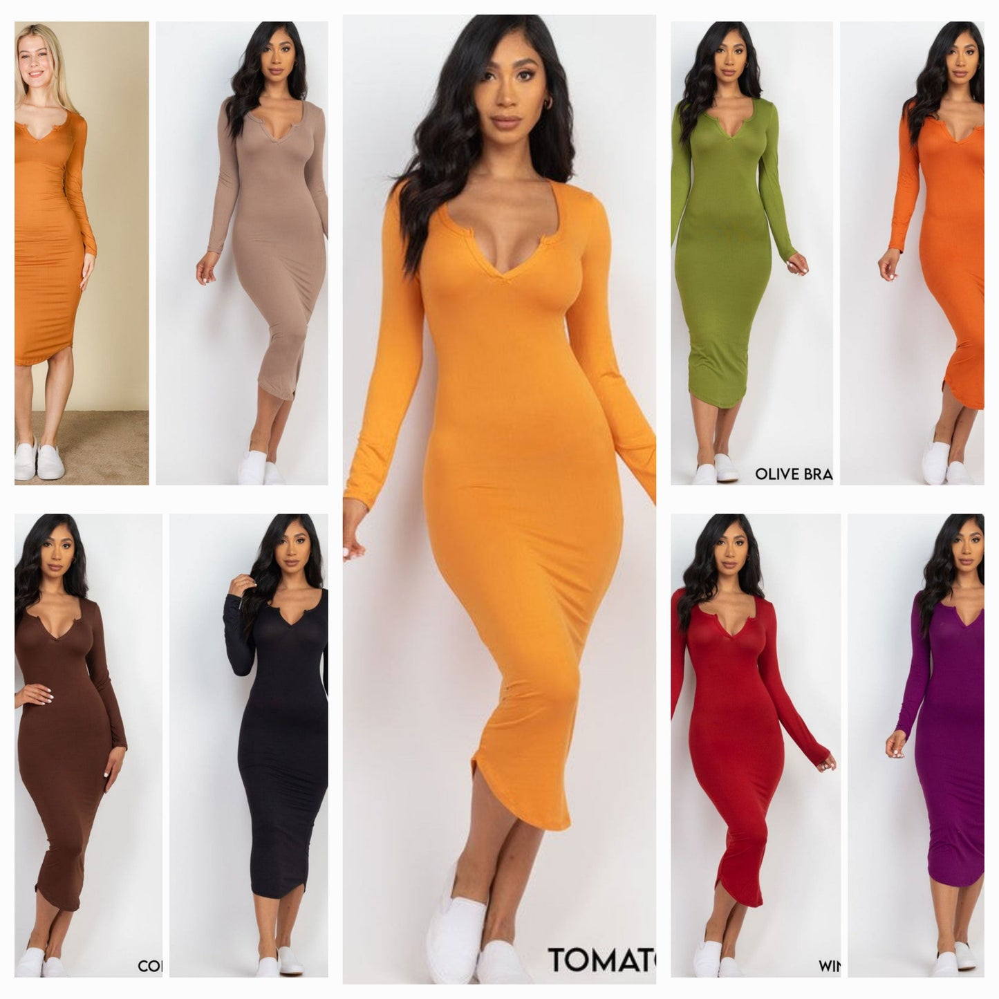 Split Neck Long Sleeve Midi Dress