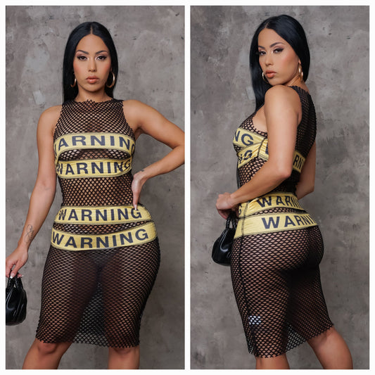 "WARNING" Word Print Mesh Dress