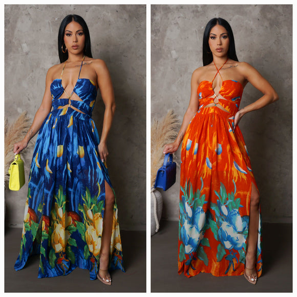 Floral Print Double Slit Maxi Dress