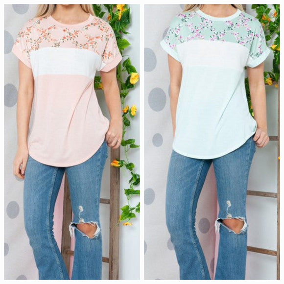 Solid Floral Short Sleeve Contrast Top