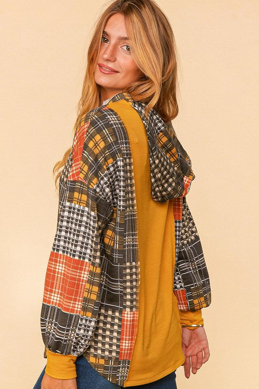 PLUS SIZE PLAID PATCHWORK BUTTON DOWN LOOSE FIT HOODIE