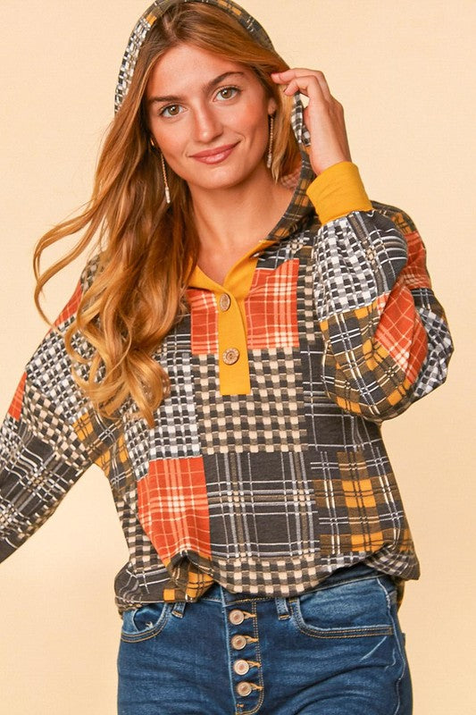 PLUS SIZE PLAID PATCHWORK BUTTON DOWN LOOSE FIT HOODIE