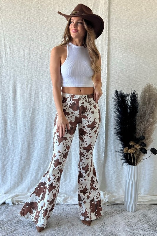 COW ANIMAL PRINT DENIM FLARE BELL BOTTOM JEANS