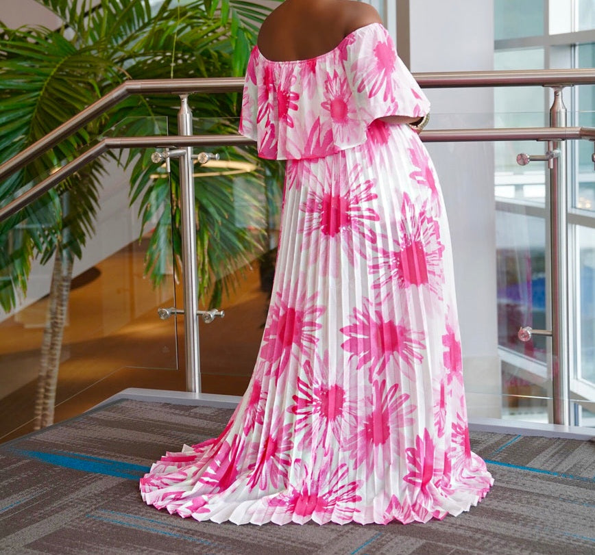 Pink Flounced Off Shoulder Maxi Dress