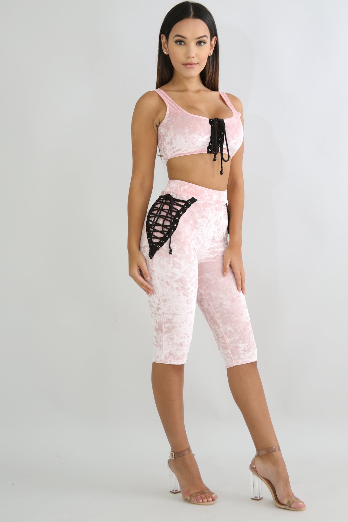 velvet pink capri corset tied set