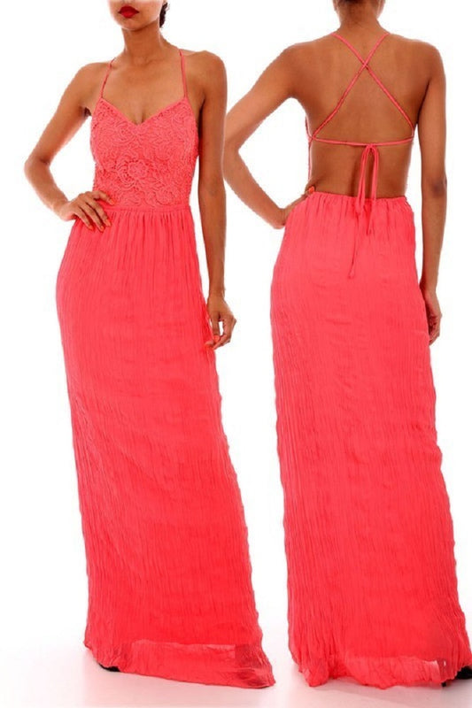 coral criss-cross back maxi dress