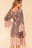 ETHNIC PAISLEY COLOR BLOCK BELL SLEEVE DRESS