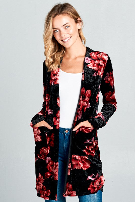 Red & Black Floral Velvet Cardigan