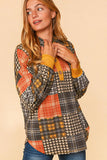 PLAID PATCHWORK BUTTON DOWN LOOSE FIT HOODIE