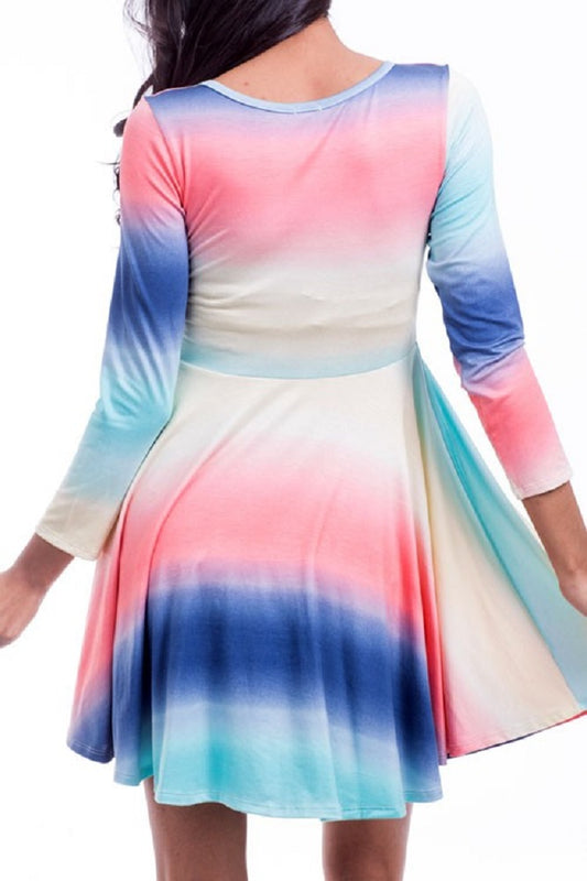 yellow, mint, & coral tie dye multi ombre flare mini dress