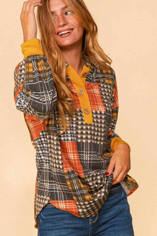 PLUS SIZE PLAID PATCHWORK BUTTON DOWN LOOSE FIT HOODIE