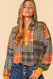 PLAID PATCHWORK BUTTON DOWN LOOSE FIT HOODIE