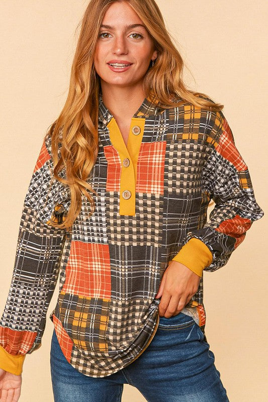 PLUS SIZE PLAID PATCHWORK BUTTON DOWN LOOSE FIT HOODIE