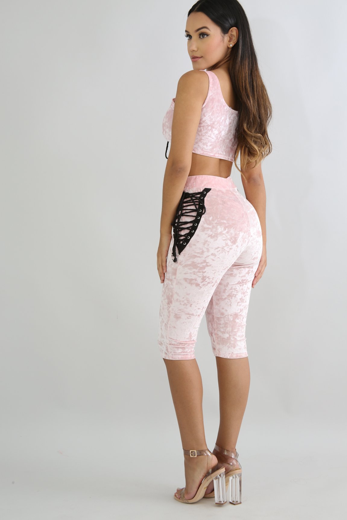 velvet pink capri corset tied set