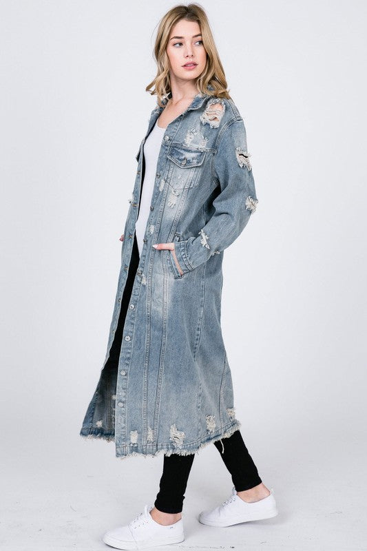 distressed denim maxi jacket