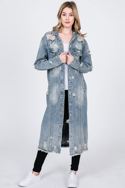 distressed denim maxi jacket