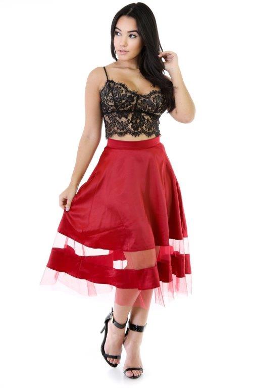 red sheer flare skirt